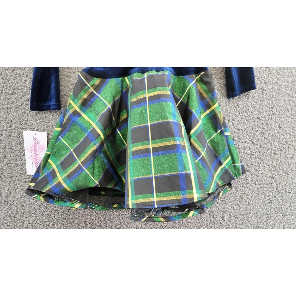 BONNIE JEAN Long Sleeved Velvet Bodice Dress Girl's 5 Navy/ Green w/ Bow - Picture 13 of 15